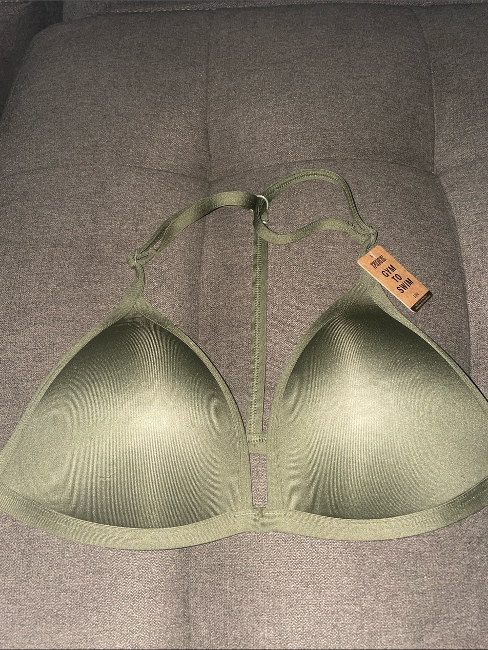 BS PINK Olive Green T-Back Padded Triangle Bralette Bikini Top or Fir Gym Large